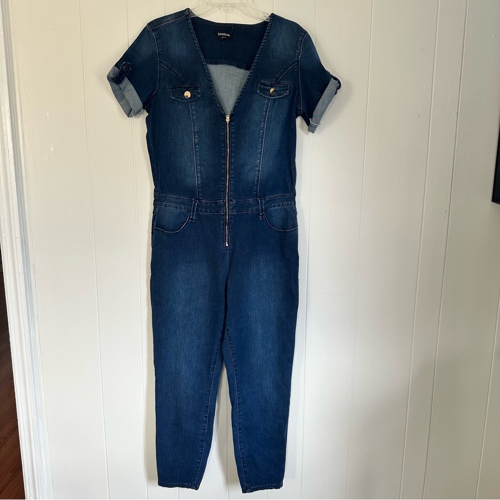 bebe Jumpsuit Women's Stretchy Denim Short Sleeve Size 32